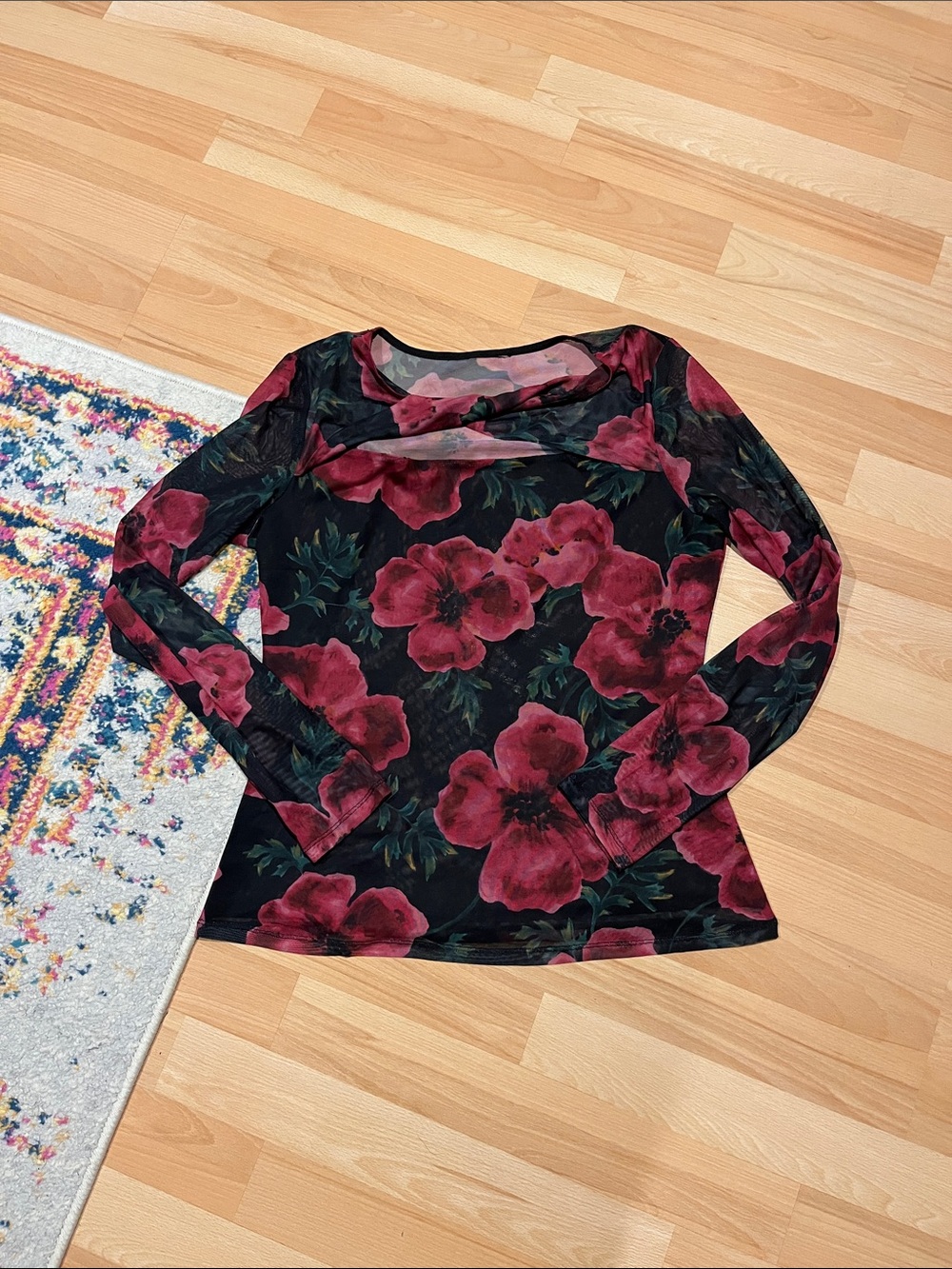 Women’s Long Sleeve Floral Tee - Black with Burgundy Flowers